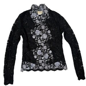 Cache Vintage Y2K Lace Long Sleeve Button Up Top Black Silver Whimsigoth Vamp